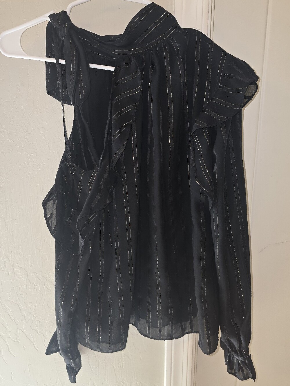 INTERMIX Isabel Marant Black Sheer Cold Shoulder Metallic Ruffle Blouse Size: 2